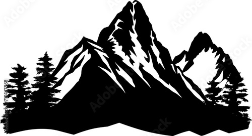 Black silhouette of mountains and forest fir trees camping landscape panorama illustration icon vector for logo  isolated on white background. AI generated illustration.