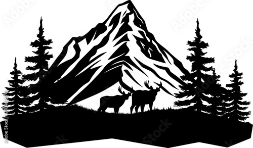 Black silhouette of mountains and forest fir trees camping landscape panorama illustration icon vector for logo, isolated on white background. AI generated illustration.
