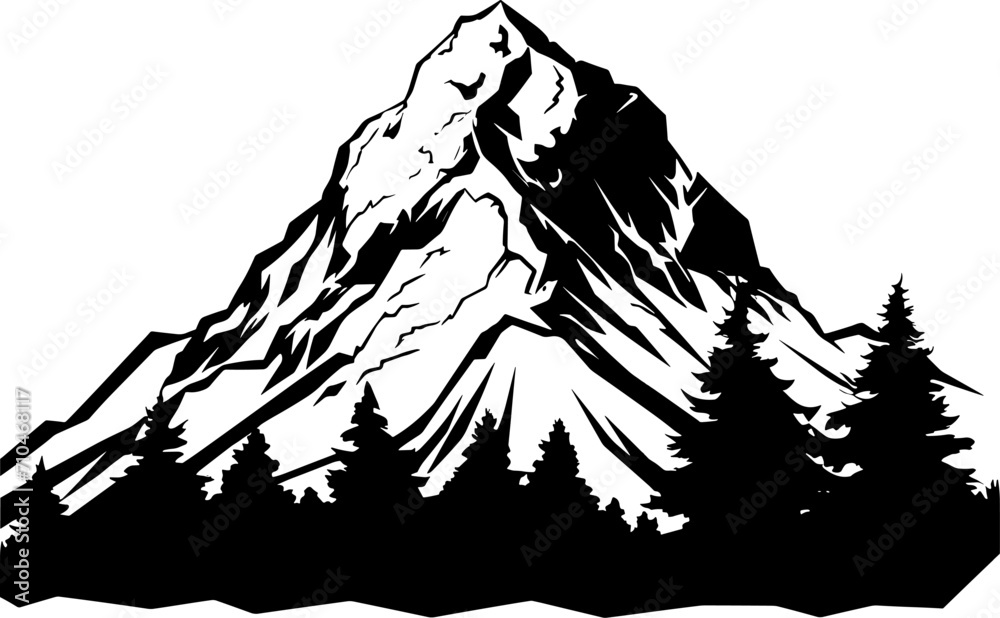Mountain silhouette - vector icon. Rocky peaks. Mountains ranges. Black and white mountain icon. AI generated illustration. Mountain silhouette - vector icon. Rocky peaks. Mountains ranges. Black and white mountain icon. AI generated illustration.