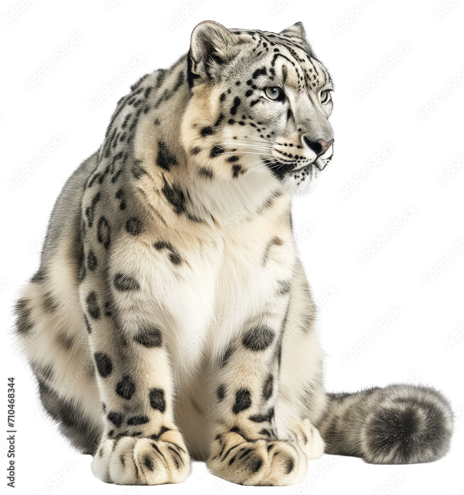Naklejka premium A sitting white snow leopard isolated on a white background