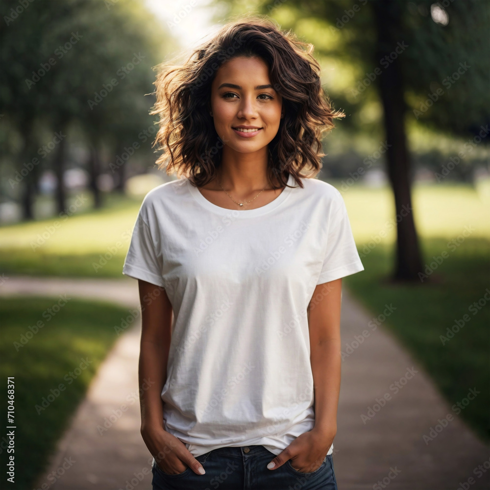 White T-Shirt Mockup Template with a Beautiful Young Brown Hair Woman Walking on the Green Park on a Sunny Summer Day. Outdoor Photography. Perfect for Online Shops, Portfolios and Social Media White T-Shirt Mockup Template with a Beautiful Young Brown Hair Woman Walking on the Green Park on a Sunny Summer Day. Outdoor Photography. Perfect for Online Shops, Portfolios and Social Media