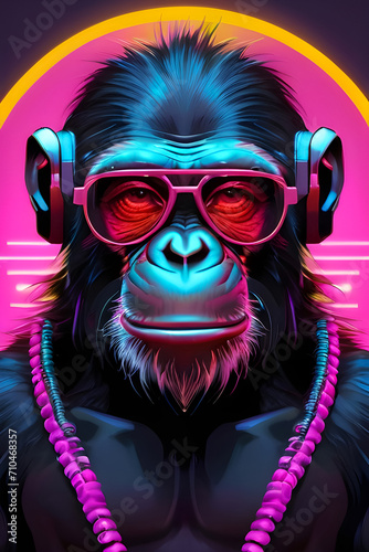 Futuristic inspired Cyber Monkey wearing sunglasses and headphone digital drawing art   Funky Chimpanzee in neon light background in cyberpunk style