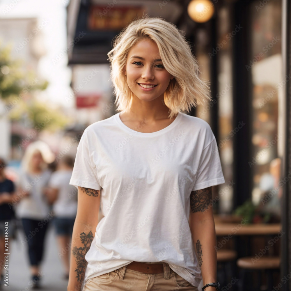 White T-Shirt Mockup Template with a Beautiful Young Blondie Woman Walking on the Street on a Sunny Summer Day. Lifestyle Photography. Perfect for Online Shops, Portfolios and Social Media Marketing White T-Shirt Mockup Template with a Beautiful Young Blondie Woman Walking on the Street on a Sunny Summer Day. Lifestyle Photography. Perfect for Online Shops, Portfolios and Social Media Marketing