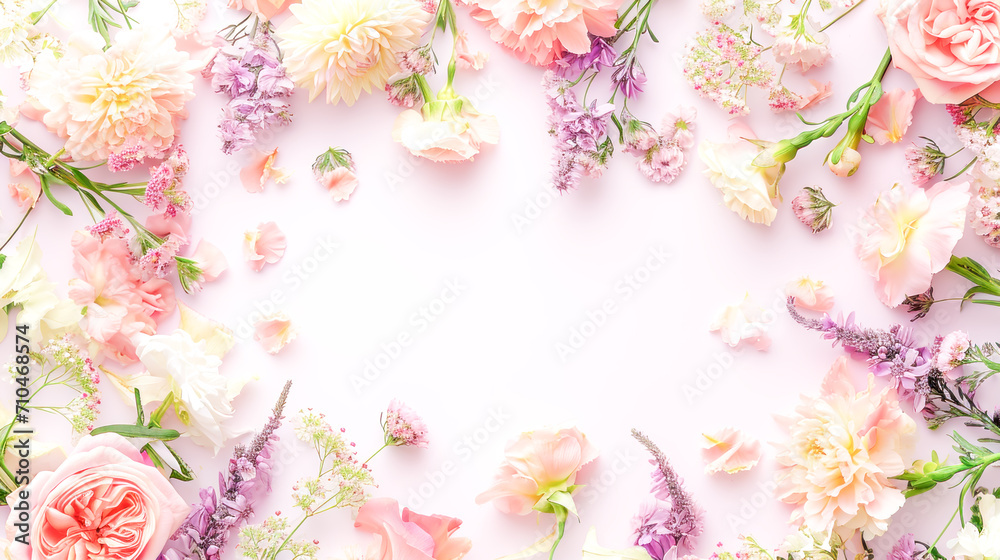 Spring flower background with frame of branches of blossoming flowers on tender pink background with empty space. Spring time. Natural blossoming background. Copy space