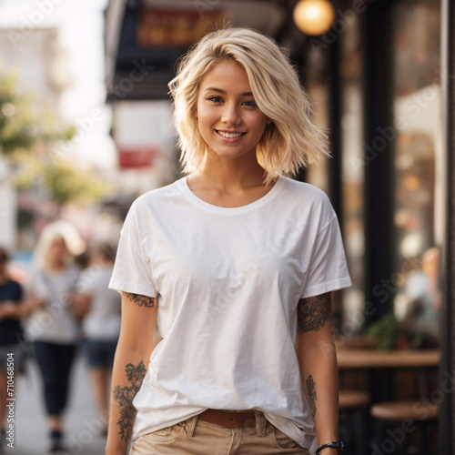 White T-Shirt Mockup Template with a Beautiful Young Blondie Woman Walking on the Street on a Sunny Summer Day. Lifestyle Photography. Perfect for Online Shops, Portfolios and Social Media Marketing