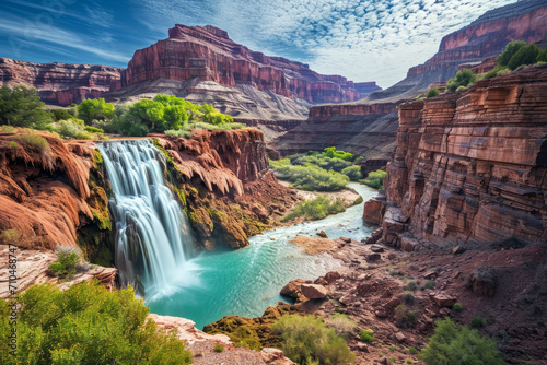 Wide angle view of stunning canyon and waterfall. Landscape concept of view and scenery.  photo