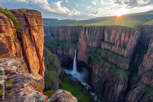 Wide angle view of stunning canyon and waterfall. Landscape concept of view and scenery. 