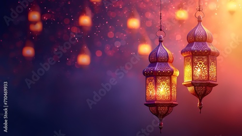 Ramadan Kareem greeting card with Arabic lanterns and lights photo