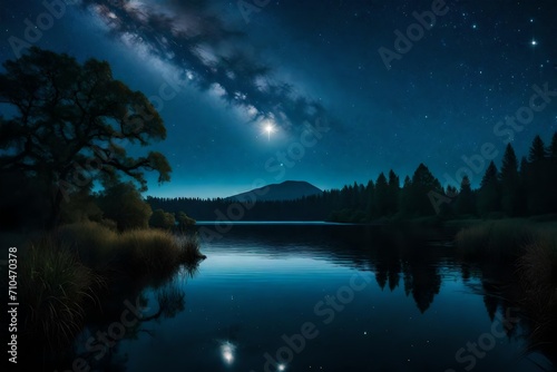 reflection of moon and stars in a lake at night  © tayyaba