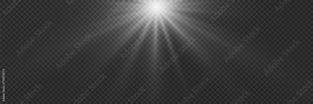 White flash light effect. The flare flashes with rays and spotlight. Beautiful star with flashes of sun rays. On a transparent background. - obrazy, fototapety, plakaty 