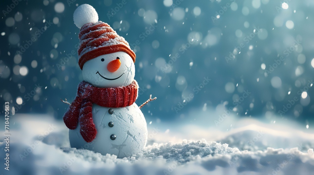 Snowman on snow with bokeh background. Christmas and New Year concept.