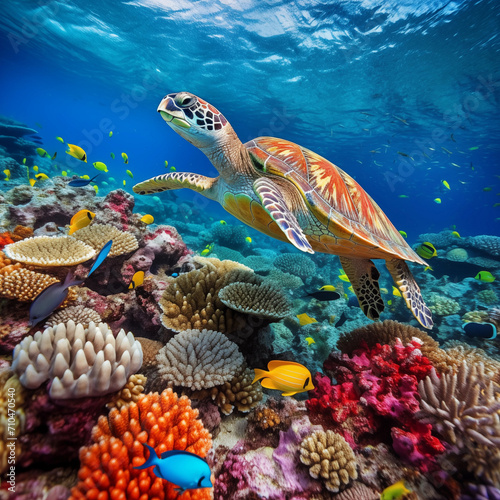 Coral reef many fishes sea turtle © Kokhanchikov