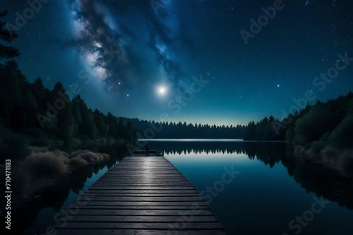reflection of moon and stars in a lake at night 