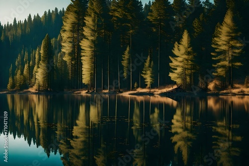 large alpine trees along a lake with reflection of trees 