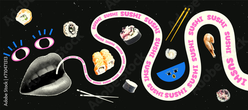 Sushi bar advertising banner with grunge texture in retro collage style. Vector illustration of lips with halftone effect, abstract sushi and rolls in colorful retro collage style.