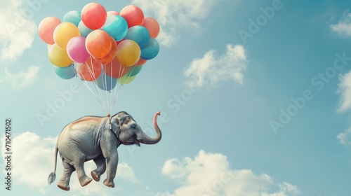 Elephant flying on multicolored balloons with blue sky as background. Copy space