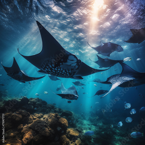 Manta Ray over tropical coral reef © Kokhanchikov