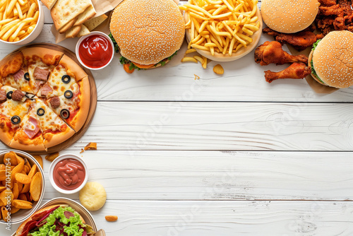 Assorted take out food such as pizza, french fries, onion rings, burger.Pizza, french fries and other fast food on wooden table, flat lay