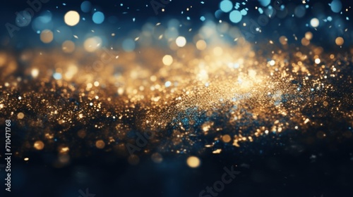 Golden Glitter on Dark Blue Bokeh Background. Festive Celebration Theme  Holiday or event backgrounds