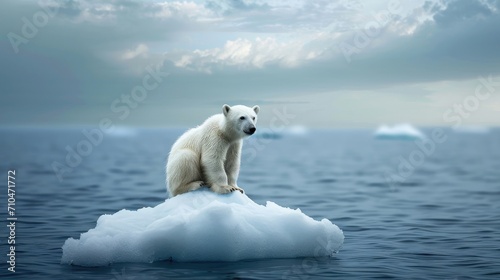 A lone polar bear sits on an ice floe. Global warming concept