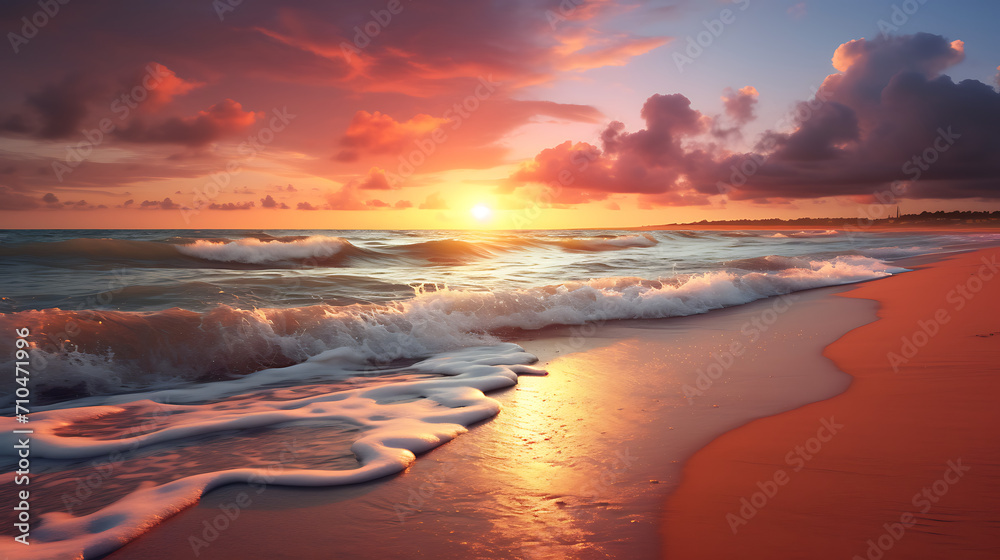 a tranquil beach at dusk, with waves gently washing ashore under the warm tones of the setting sun, captured in high definition to convey the peaceful beauty of nature