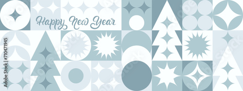 Geometric seamless pattern with winter blue patterns, Christmas trees in Scandinavian style, hand lettering - Happy New Year. Fashionable white mosaic for textile and wallpaper, gift design trend.