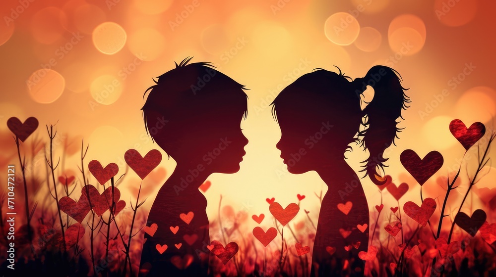 Silhouette of a boy and girl in love on the meadow with hearts. Happy Valentine's day