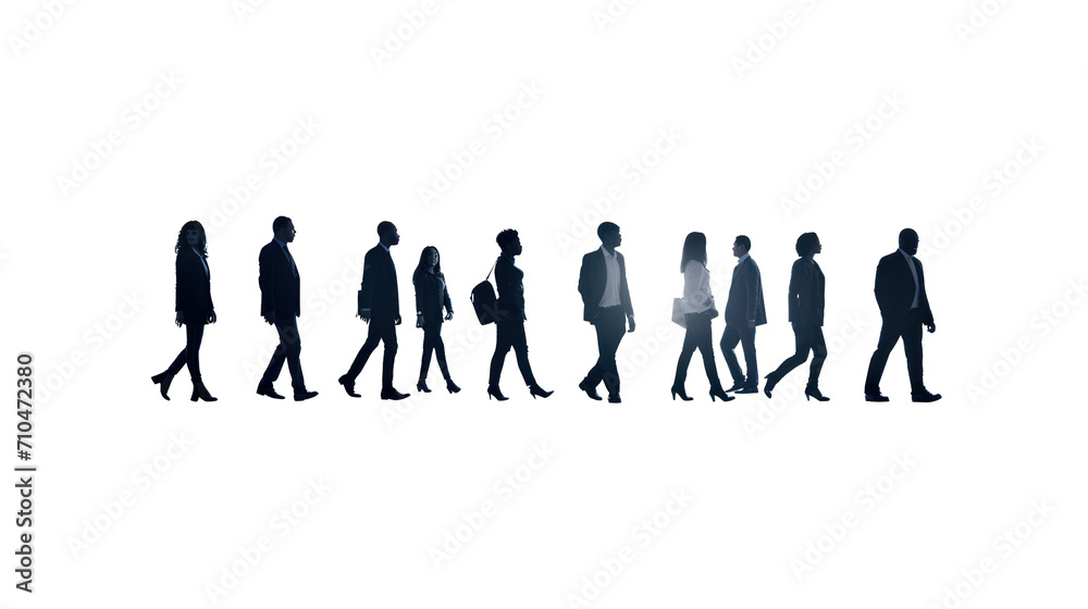 Silhouettes of a number of men and women standing and walking. Black businessman jumps Studio Transparent background.png