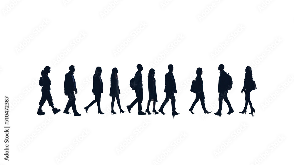 Silhouettes of a number of men and women standing and walking. Black businessman jumps Studio Transparent background.png