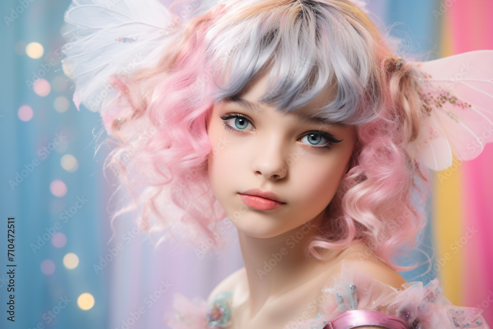 Beautiful young girl fairy with pastel colored hair and flowers