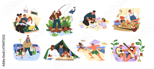 Fatherhood concept. Happy fathers spend time, play, fun with children set. Dad and kids reading together. Daddy cooking with daughter, fishing with son. Flat isolated vector illustration on white