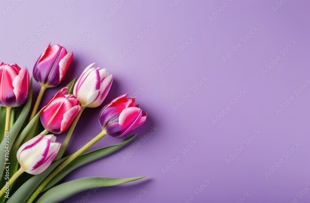 A bouquet of purple tulips, pink on a purple background. A place for the text. Postcard, banner on March 8th. View from above. A bouquet of purple tulips, pink on a purple background. A place for the text. Postcard, banner on March 8th. View from above.