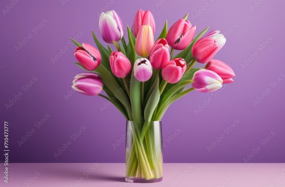 A bouquet of purple and pink tulips in a vase on a plain purple background. A place for the text. A postcard, a banner.