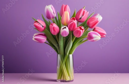 Wallpaper Mural A bouquet of purple and pink tulips in a vase on a plain purple background. A place for the text. A postcard, a banner. Torontodigital.ca