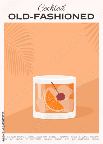 Old Fashioned Cocktail on the rocks garnish with orange slice and maraschino cherry. Whiskey with ice aperitif tropical vertical poster. Minimalistic trendy alcoholic beverage. Vector illustration.