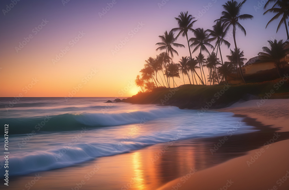 Sunset on the beach. Tropical paradise, white sand, beach, palm trees, ocean at sunset.