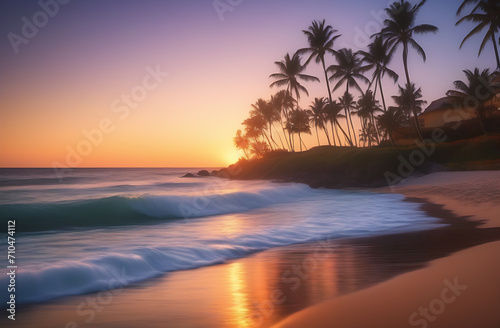 Sunset on the beach. Tropical paradise  white sand  beach  palm trees  ocean at sunset.