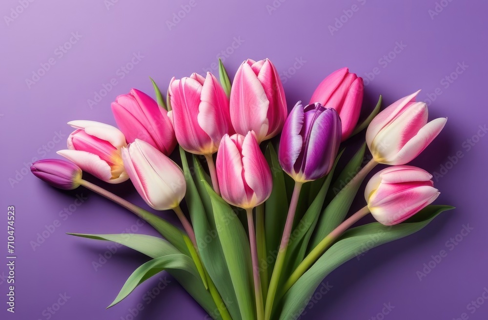 A bouquet of purple tulips, pink on a purple background. A place for the text. Postcard, banner on March 8th. View from above.