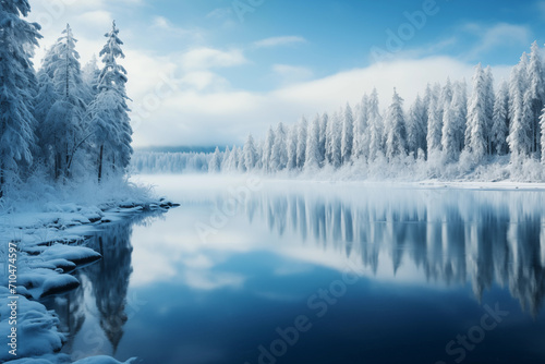 Blue lake winter landscape