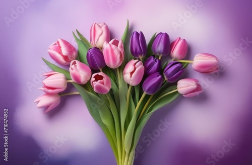 A bouquet of purple tulips, pink on a purple watercolor background. A place for the text. Postcard, banner on March 8th.