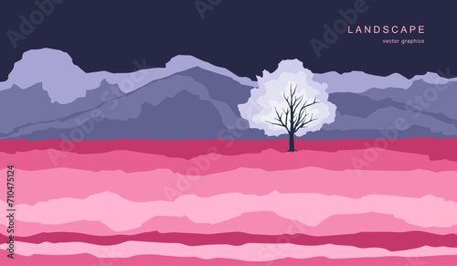 Modern nature landscape in a minimalist style. Retro realism. Contemporary aesthetic art. Design for page, poster, magazine, brochure, flyer, wallpapers, interior.