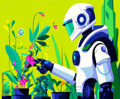Robot gardener tending to exotic plants. vektor icon illustation