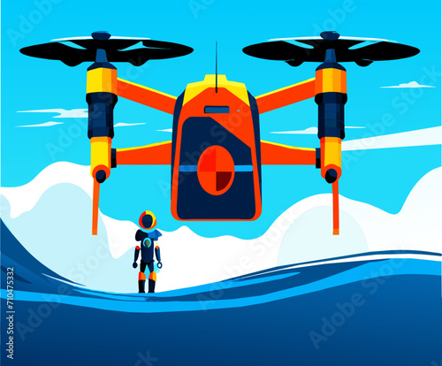 Robot lifeguard drone scanning the seas. vektor icon illustation