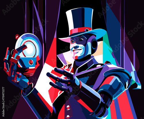 Robot magician performing incredible tricks. vektor icon illustation