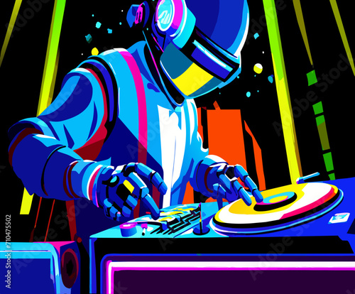 Robot DJ spinning holographic vinyl. vektor icon illustation