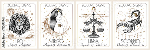 Vector set of the 4 second zodiac signs. Gold on a white background. Leo, Virgo, Libra, Scorpio