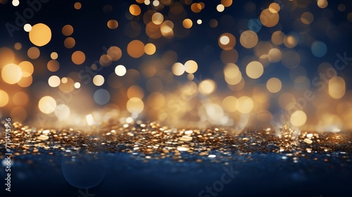Enchanting black and gold bokeh with silver accents in a luxurious night setting - elegant depth of field, hazy atmosphere, and mesmerizing golden lights on a blue and gold background for a glamorous 