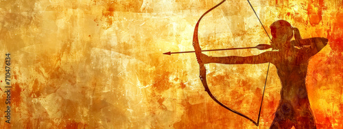 silhouette of an archer pulling back on a bowstring, poised to release an arrow, set against a textured, gritty, rustic atmosphere, with ample space for text or further design elements