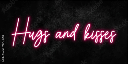 Neon love sign, romantic calligraphy banner, retro pink lovely desing isolated on background. Hugs and kisses slogan.