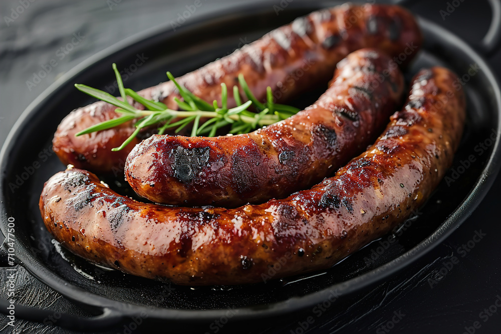 Grilled juicy sausages on a grill with fire. Shallow depth of field. Photos and menus of cafes and restaurants Grilled juicy sausages on a grill with fire. Shallow depth of field. Photos and menus of cafes and restaurants
